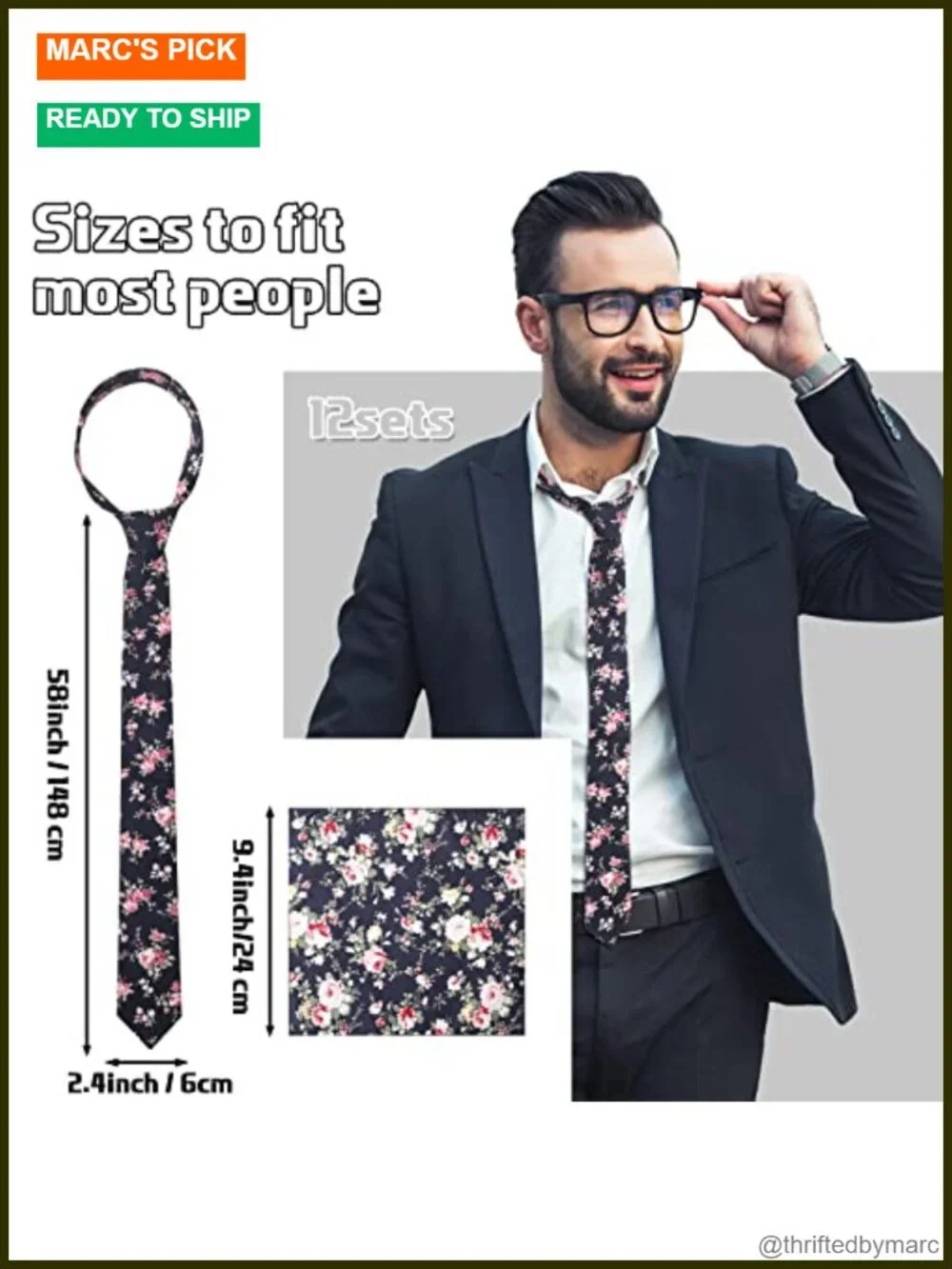 12 Floral Cotton Ties for Men with Pocket Squares